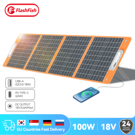 FlashFish Solar Panel 100W 18V Solar Charger with DC Type-c/QC3.0 Output Charge For Power Station Van RV Road Trip Camping