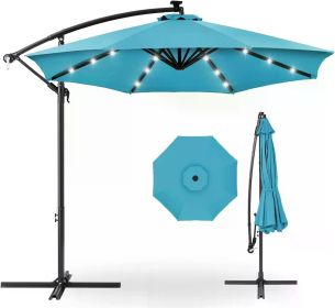 Sunshade Umbrella, Solar LED Offset Hanging Market Umbrella W/Easy Tilt Adjustment, 8 Ribs - 10ft Patio Shade Umbrella